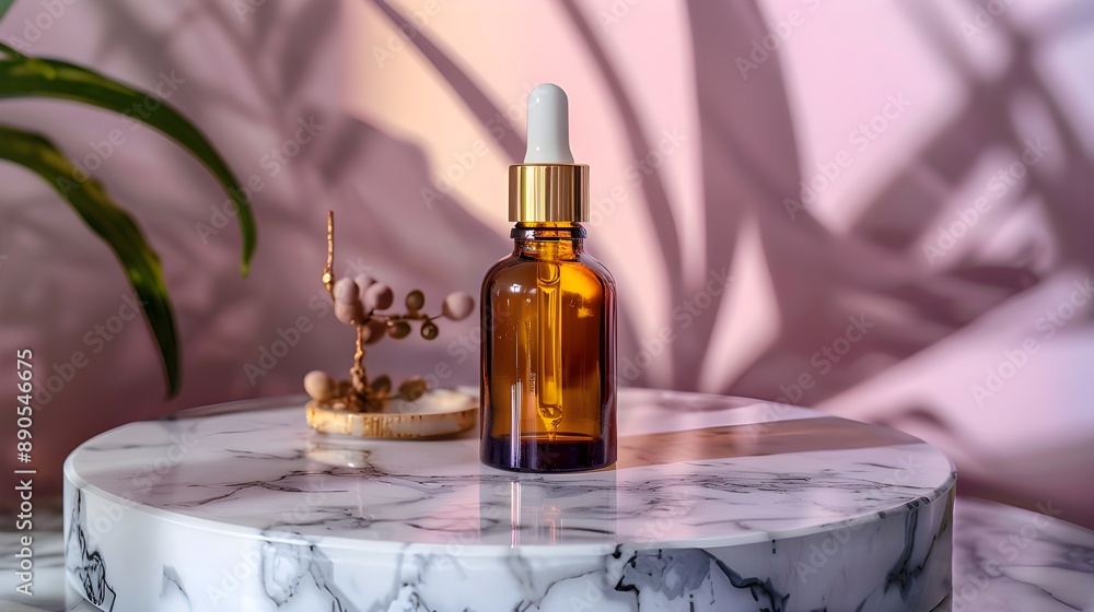 A brown glass dropper bottle is displayed against a pink and white abstract background. A brown glass dropper bottle is displayed against a pink and white abstract background.