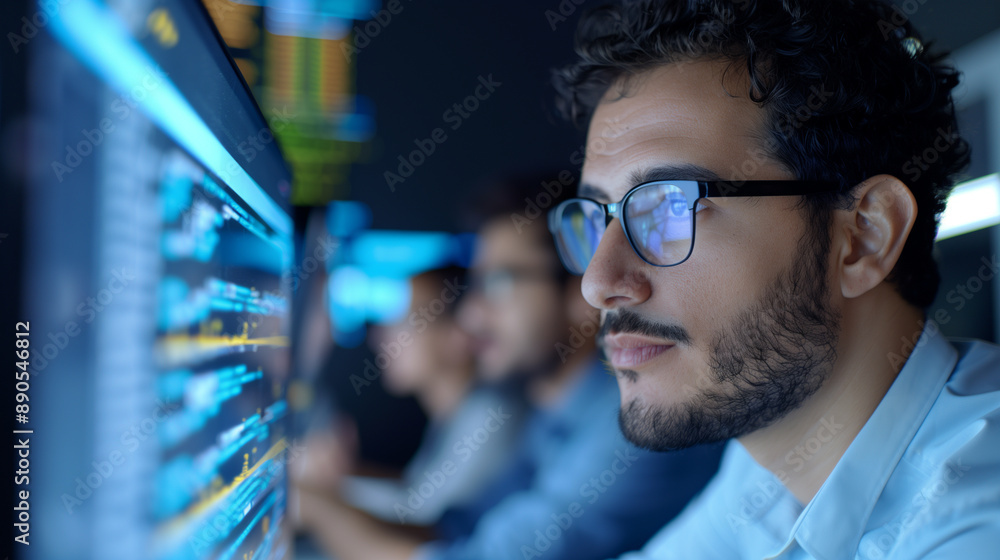 Team Middle Eastern IT professionals computer screen analyzing cyber security data Team Middle Eastern IT professionals computer screen analyzing cyber security data