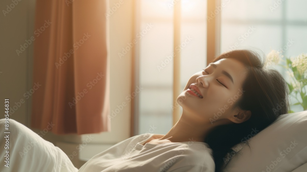 Simple lifestyle, Asian woman wakes up from good sleep on weekend morning, takes some rest, relax in comfortable bedroom at hotel window, happy lazy day, comfortable, dreaming Simple lifestyle, Asian woman wakes up from good sleep on weekend morning, takes some rest, relax in comfortable bedroom at hotel window, happy lazy day, comfortable, dreaming