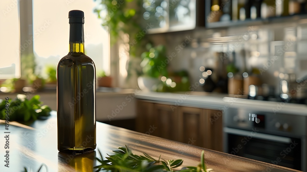 A bottle of olive oil is placed on a kitchen counter with a cozy, homely atmosphere A bottle of olive oil is placed on a kitchen counter with a cozy, homely atmosphere