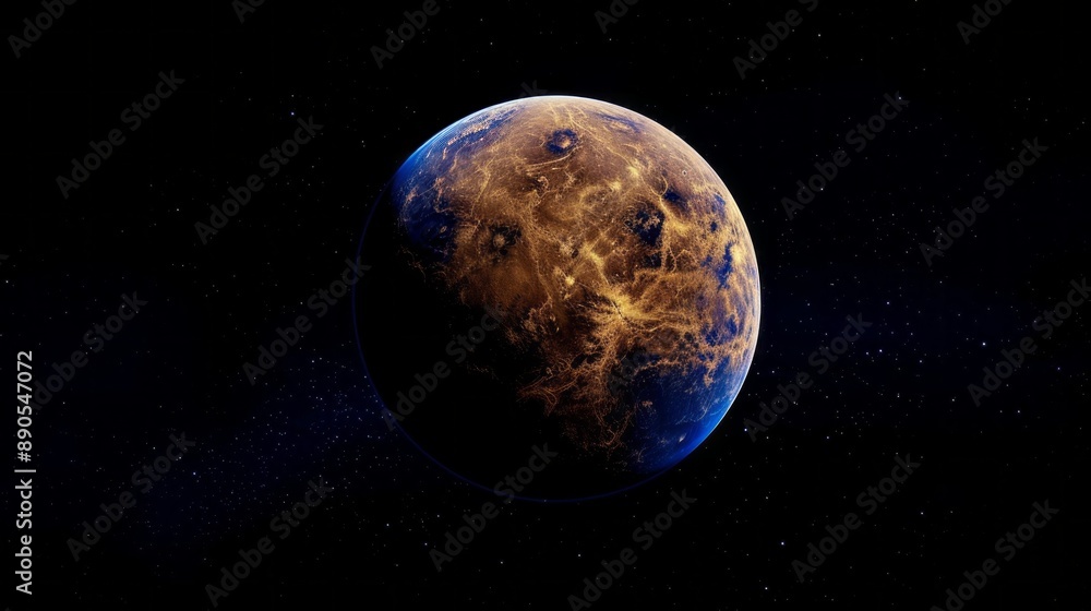 A planet with a blue and orange surface