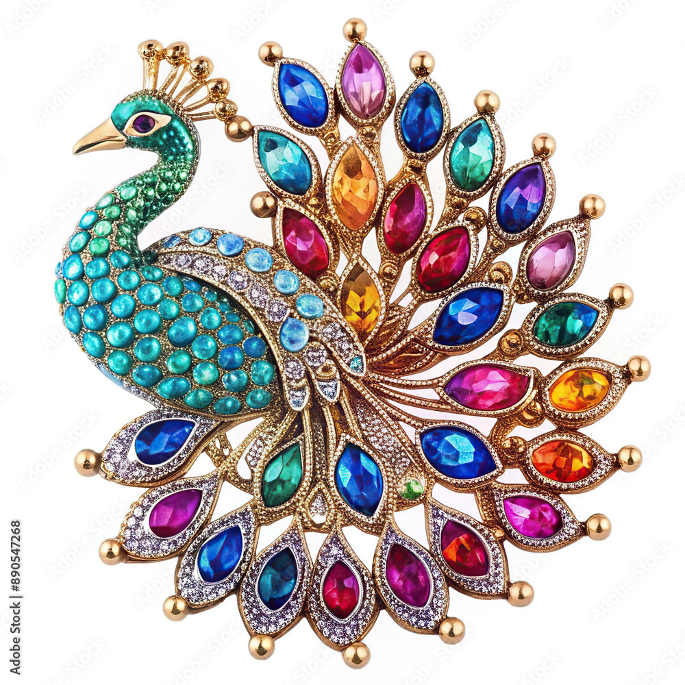 Fototapeta premium Peacock brooch, covered with enamel and decorated with rhinestones