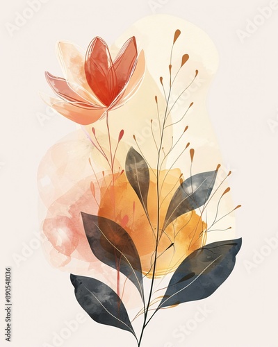 Abstract art background vector. Luxury minimal style wallpaper with golden line art New Zealand native Pohotukawa flower and botanical leaves, Organic shapes, Watercolor. Vector background for banner,