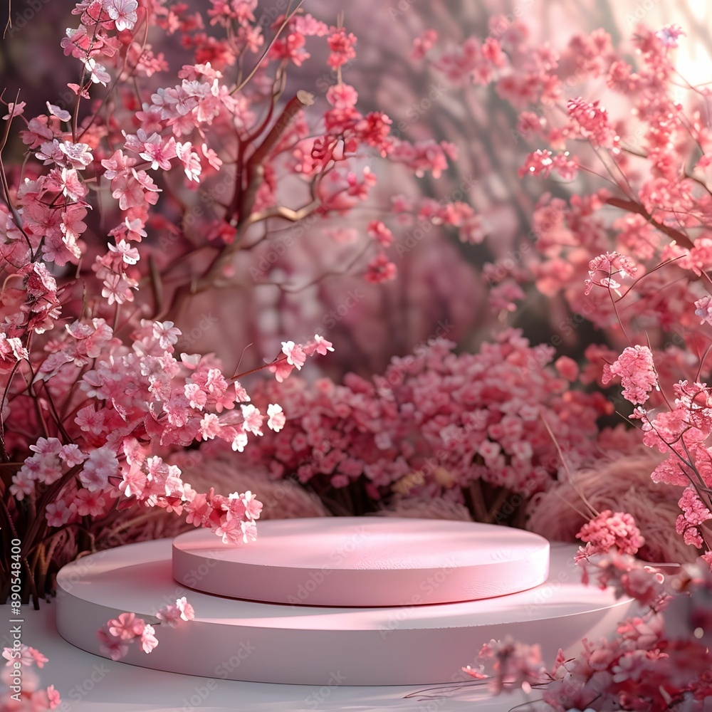 Podium flower product white 3d spring table beauty stand display nature pink. Garden floral background cosmetic field scene gift day Podium flower product white 3d spring table beauty stand display nature pink. Garden floral background cosmetic field scene gift day