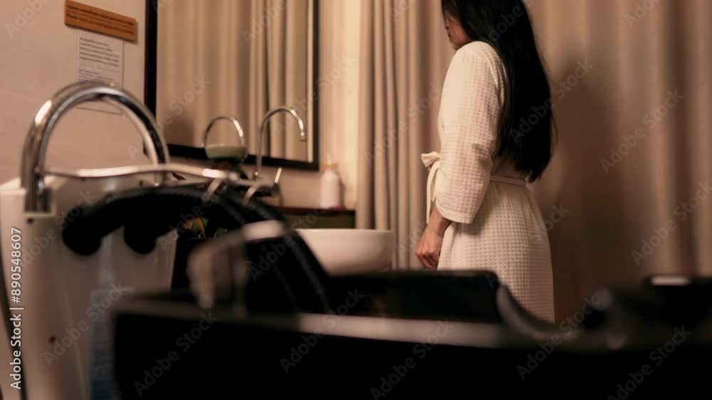 A woman wearing a bathrobe before get service hair care and massaging head with steaming water steam at beauty salon. A woman wearing a bathrobe before get service hair care and massaging head with steaming water steam at beauty salon.