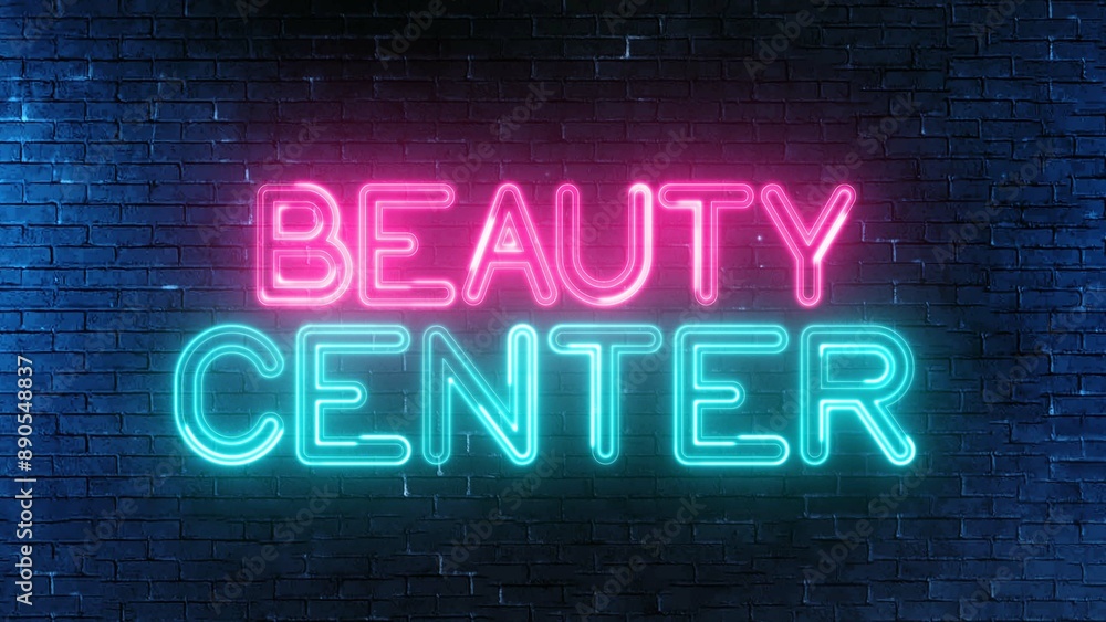 BEAUTY CENTER text font with light. Luminous and shimmering haze inside the letters of the text Beauty Center. Beauty Center neon sign. BEAUTY CENTER text font with light. Luminous and shimmering haze inside the letters of the text Beauty Center. Beauty Center neon sign.