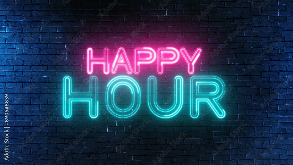 Happy Hour text font with light. Luminous and shimmering haze inside the letters of the text Happy Hour. Happy Hour neon sign. Happy Hour text font with light. Luminous and shimmering haze inside the letters of the text Happy Hour. Happy Hour neon sign.