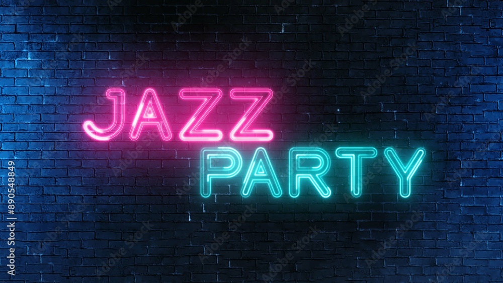 Jazz Party text font with neon light. Luminous and shimmering haze inside the letters of the text Jazz Party. Jazz Party text font with neon light. Luminous and shimmering haze inside the letters of the text Jazz Party.