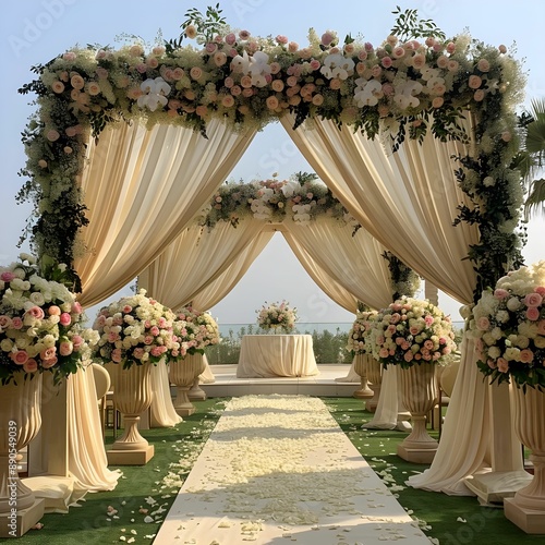 There is a yard in the center, a podium for wedding ceremonies in the middle of the yard, and beautiful flowers with large amounts of flowers, roses, and lilies are placed on both sides photo