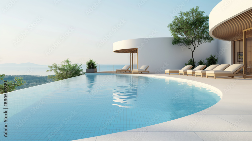 Fototapeta premium Luxurious outdoor swimming pool with modern lounge chairs, white contemporary architecture, overlooking a scenic landscape with hills and water under a clear sky.
