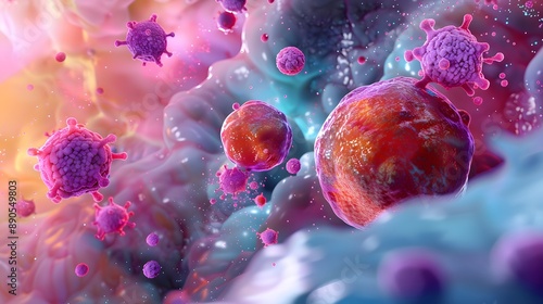 illustration showing cancer cells and white printed T-706 attacking the healthy cell