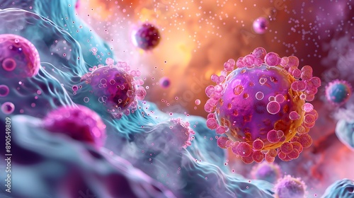 illustration showing cancer cells and white printed T-706 attacking the healthy cell
