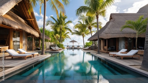 Wallpaper Mural Luxurious tropical resort with pool, thatched-roof bungalows, and lounge chairs, surrounded by palm trees, facing a beach and ocean. Torontodigital.ca