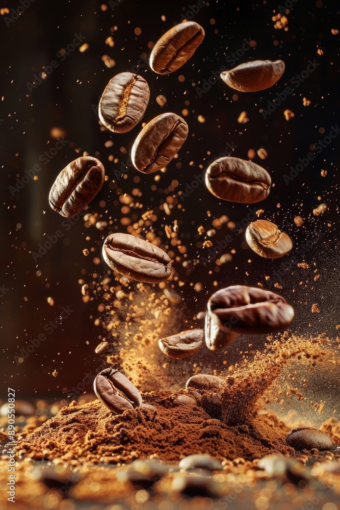The picture shows roasted coffee beans falling on a dark, smoky background as if they were falling from a plane. The picture shows roasted coffee beans falling on a dark, smoky background as if they were falling from a plane.