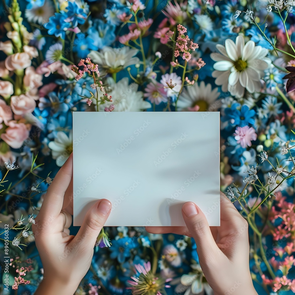 Hands holding blank paper card mockup on fresh colorful bouquet of flowers background. Empty thank you card mock up on floral backgrounds, with copy space, minimalistic. Hands holding blank paper card mockup on fresh colorful bouquet of flowers background. Empty thank you card mock up on floral backgrounds, with copy space, minimalistic.