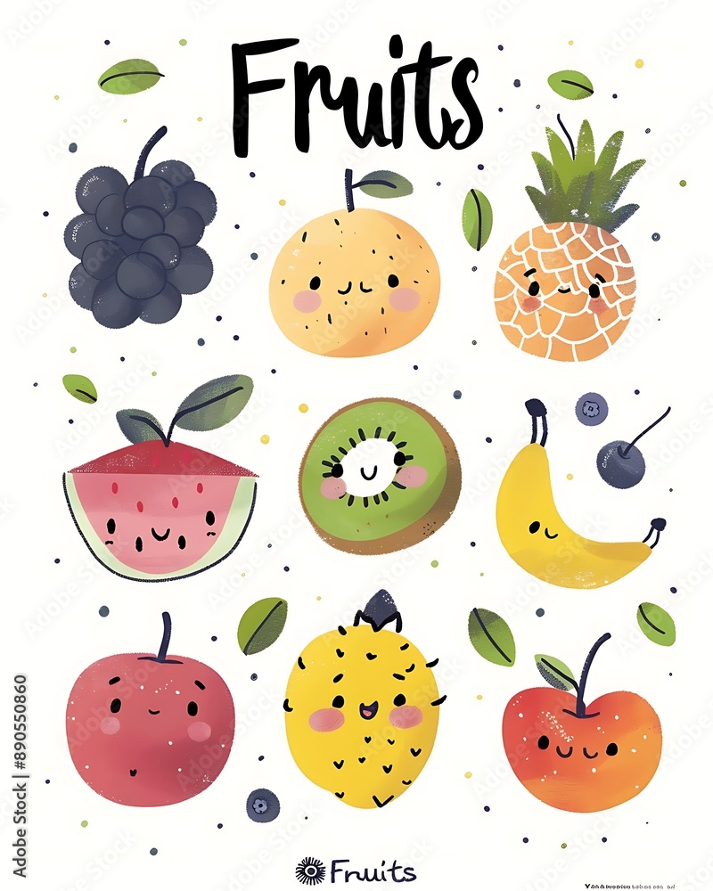 A poster with cute cartoon fruits, banana, peach, apple, watermelon, grape, pineapple, blueberry, lemon, mango, orange, cherry, and kiwi, all designed to have happy faces, pastel colors, white backgro A poster with cute cartoon fruits, banana, peach, apple, watermelon, grape, pineapple, blueberry, lemon, mango, orange, cherry, and kiwi, all designed to have happy faces, pastel colors, white backgro