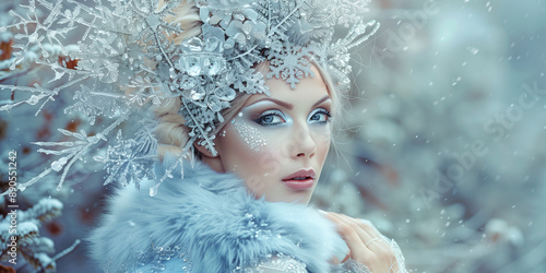A beautiful lady is the personification of the Winter season. Dressed in a suit of snow and ice, adorned with exquisite winter accessories against a backdrop of vibrant winter nature.
