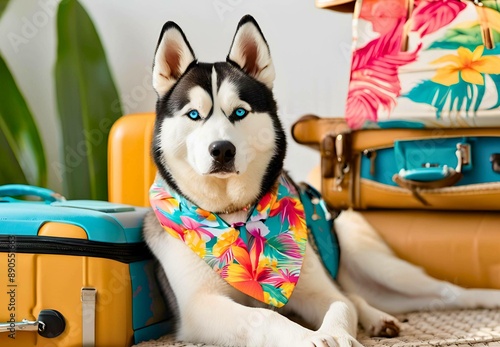 Picture a Siberian Husky dressed in a vibrant Hawaiian shirt, ready for an adventure. With its playful attire and excited demeanor, this scene perfectly captures the spirit of fun and exploration. Whe photo