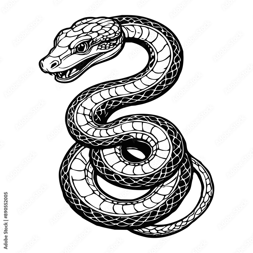Fototapeta premium Snake . Black and white illustration. Pattern for tattoos, for use in graphics. Generated by Ai