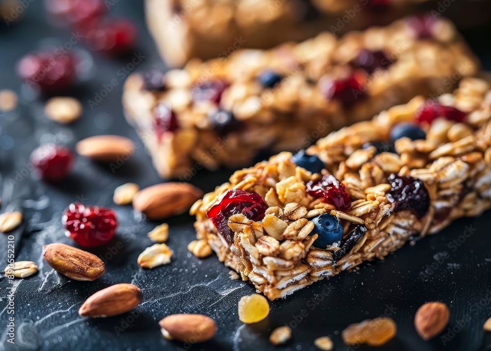 The concept of creative food. Rows of granola muesli cereal bars scattered on dark concrete table with walnuts, cranberries, and nuts scattered around. Copy space. The concept of creative food. Rows of granola muesli cereal bars scattered on dark concrete table with walnuts, cranberries, and nuts scattered around. Copy space.
