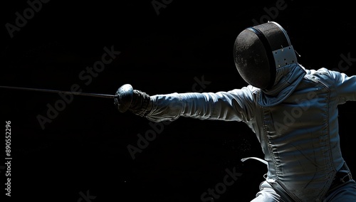 Architect Fencer Performing Attack with Sword Against Opponent, Isolated on Black Background, Side View of Cabin Sport Competition, White Uniforms and Masks, Hyper Realistic Style