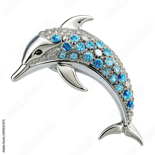 Brooch with a dolphin covered with turquoise rhinestones photo