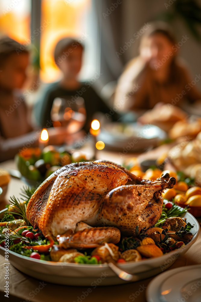 blurred photo of family gathered around the table for thanksgiving dinner with focus on the golden baked turkey in the center and side dishes, warm light from the window in the background.cozy,festive blurred photo of family gathered around the table for thanksgiving dinner with focus on the golden baked turkey in the center and side dishes, warm light from the window in the background.cozy,festive