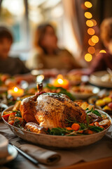 blurred photo of family gathered around the table for thanksgiving dinner with focus on the golden baked turkey in the center and side dishes, warm light from the window in the background.cozy,festive