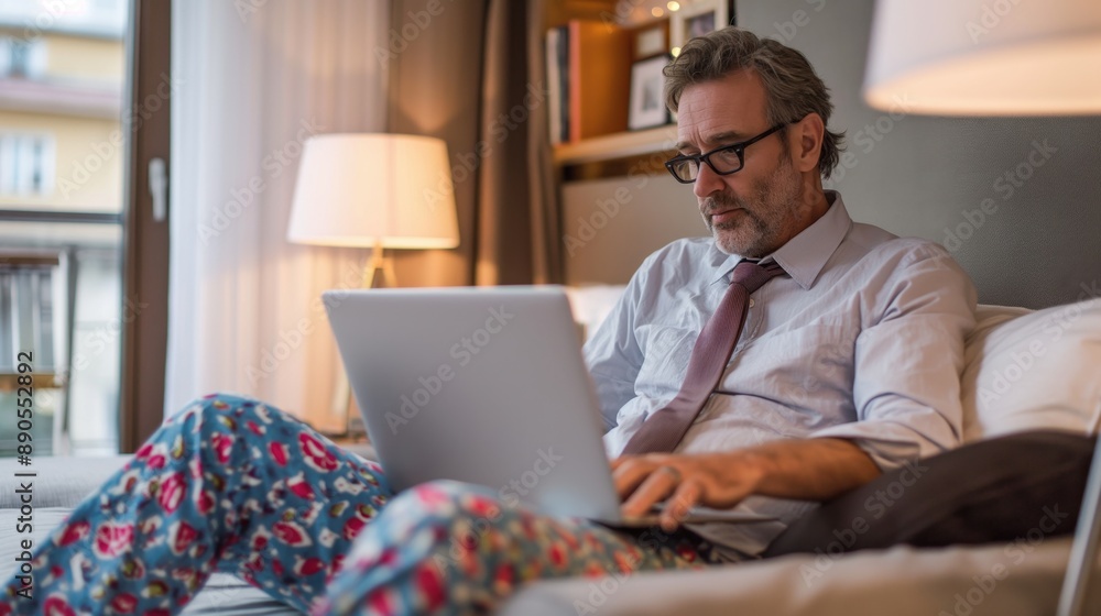 Man working on a laptop in bed, wearing a shirt, tie, and pajama pants, suggesting remote work or home office setup. Man working on a laptop in bed, wearing a shirt, tie, and pajama pants, suggesting remote work or home office setup.