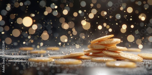 An innovative food concept. Pancakes waffle batter desserts falling on a gray background. Copy space is provided for the text.