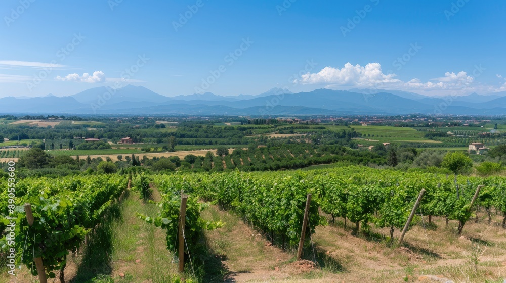 A picturesque view of a vineyard in Italy on a sunny day, with rows of grapevines stretching towards a distant hill A picturesque view of a vineyard in Italy on a sunny day, with rows of grapevines stretching towards a distant hill