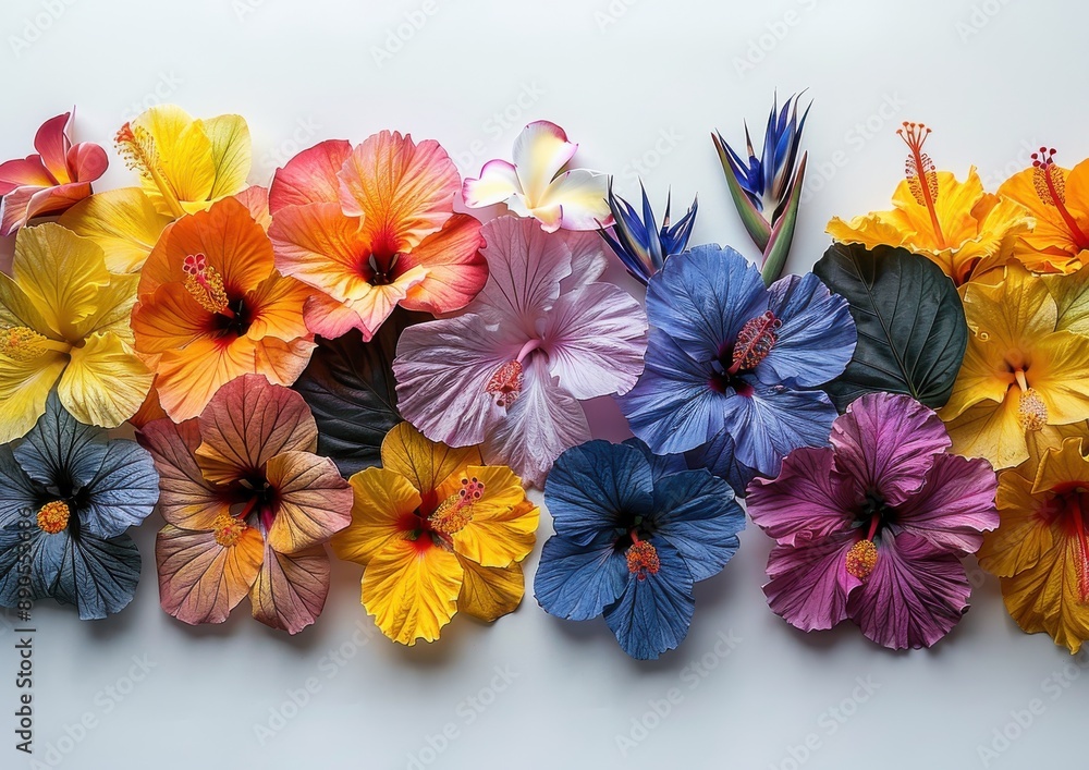 A mesmerizing array of colorful hibiscus flowers and bird of paradise blooms that showcases vibrant tropical beauty on a white backdrop A mesmerizing array of colorful hibiscus flowers and bird of paradise blooms that showcases vibrant tropical beauty on a white backdrop