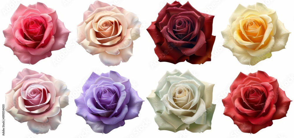Obraz premium Cutout set of red pink cream lavender violet stalk of rose rose flowers on transparent background, PNG file. Mockup template artwork graphic design.