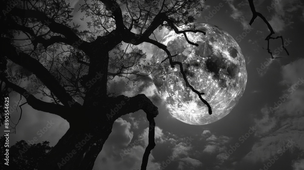 Naklejka premium Full Moon Behind Tree Branches.