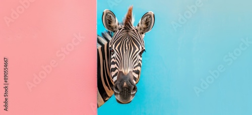 Animal concept. Zebra peeking over pastel bright background. Advertising, banner, card. Copy space. Birthday party invitation invitation. photo