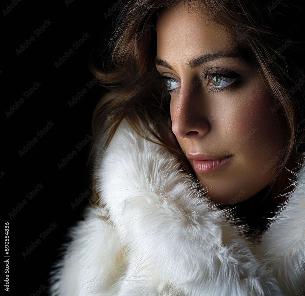 Concept of a beautiful woman clad in a luxurious fur coat and hair. Illuminated composition with dramatic lighting. Copy text space at bottom. Concept of a beautiful woman clad in a luxurious fur coat and hair. Illuminated composition with dramatic lighting. Copy text space at bottom.