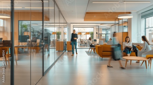 Modern open office space with glass walls, wooden accents, contemporary furniture, and people engaged in work activities, creating a vibrant, collaborative environment. © Natalia