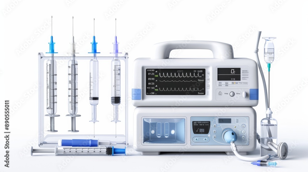 Medical Infusion Pump with Syringes and IV Drip. Medical Infusion Pump with Syringes and IV Drip.