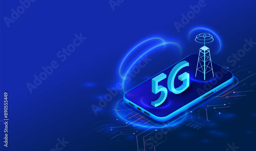 5G internet network communication with mobile phone and tower wireless hi-speed on circuit board isometric background. 5G 3d symbol with light speed. Vector illustration.