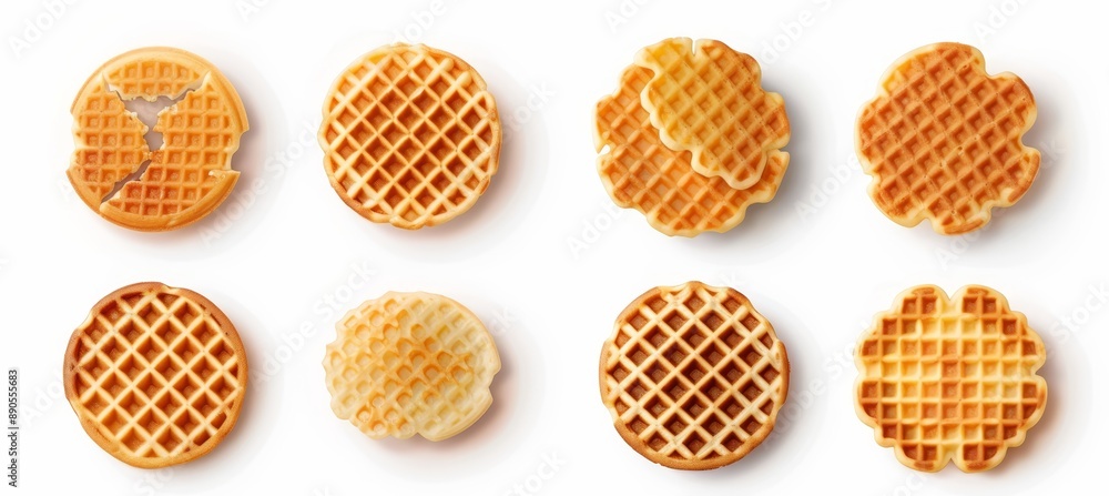 A round circle of waffle wafel batter dessert on transparent cutout, PNG. Stack, broken, pile, slice, stack, pile. A round circle of waffle wafel batter dessert on transparent cutout, PNG. Stack, broken, pile, slice, stack, pile.