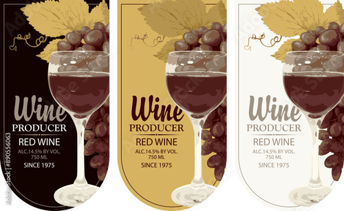 set wine labels with realistic bunches of delicious grapes and red wine glass on black, gold and white backgrounds. Vector illustration. Collection of quality wines