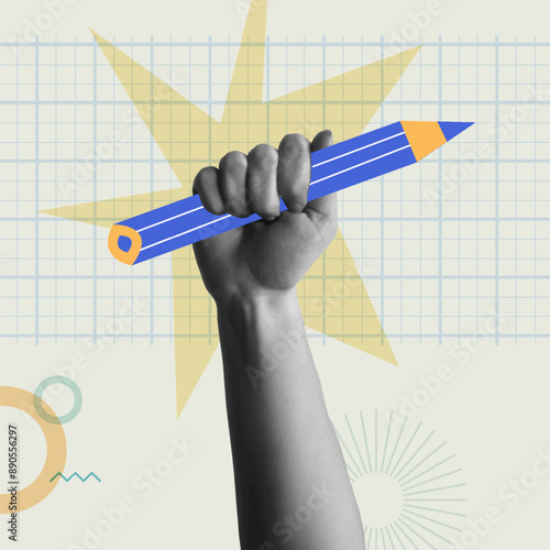 Human hand holding pencil in retro collage vector illustration