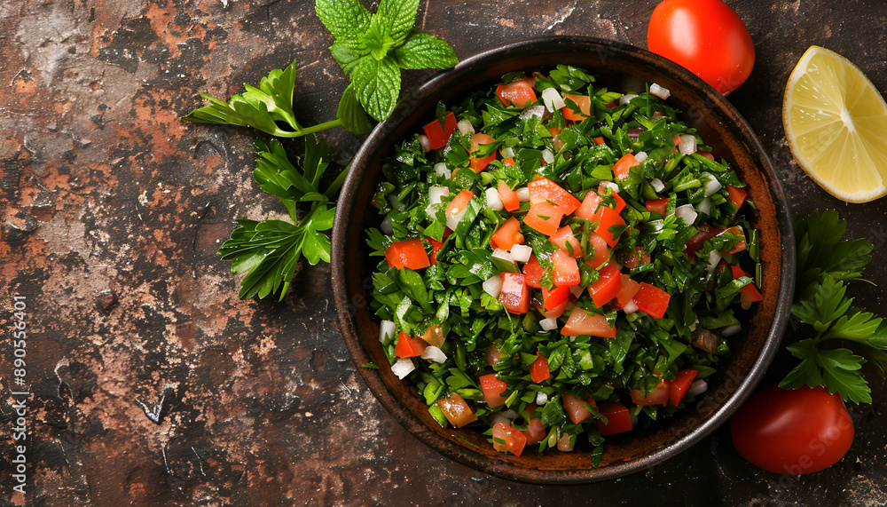 Tabbouleh salad. Traditional middle eastern or arab dish. Levantine vegetarian salad with parsley, mint, bulgur, tomato Tabbouleh salad. Traditional middle eastern or arab dish. Levantine vegetarian salad with parsley, mint, bulgur, tomato