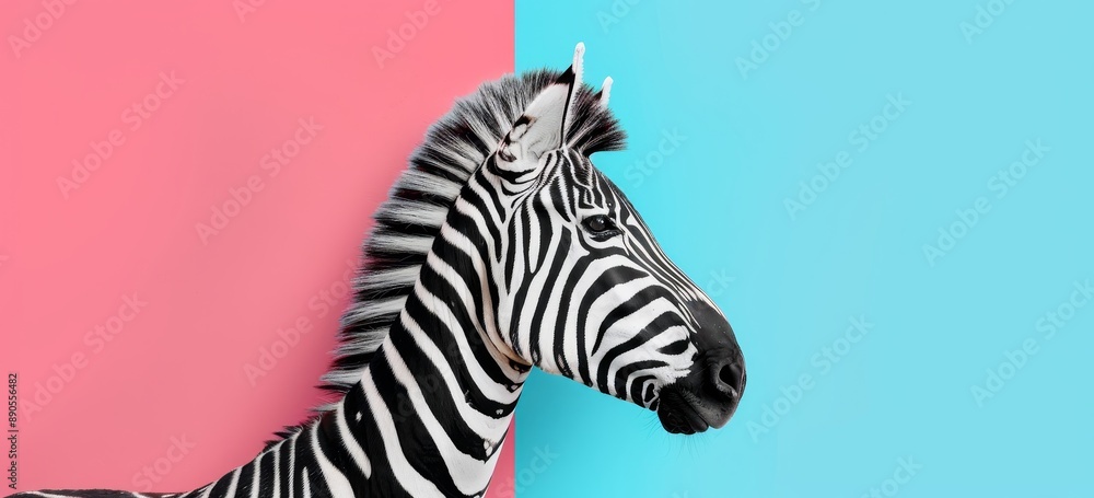 Animal concept with zebra peeking over pastel background. Advert, banner, postcard. Text space. Birthday invitations.