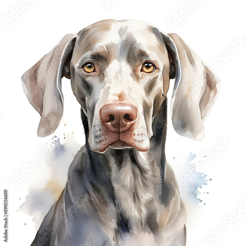 Beautiful silver weimaraner portrait over white background. Digital watercolour.