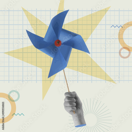 Child hand holding a blue pinwheel in a collage vector illustration