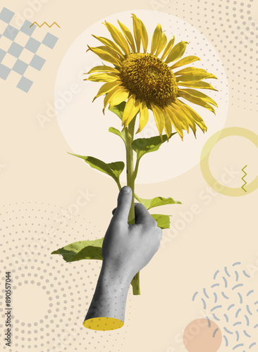 Human hand holding a sunflower in a collage vector illustration