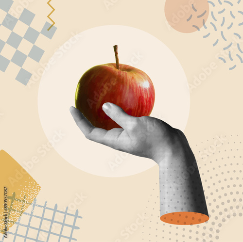 Hand holding a fresh red apple in a collage vector illustration