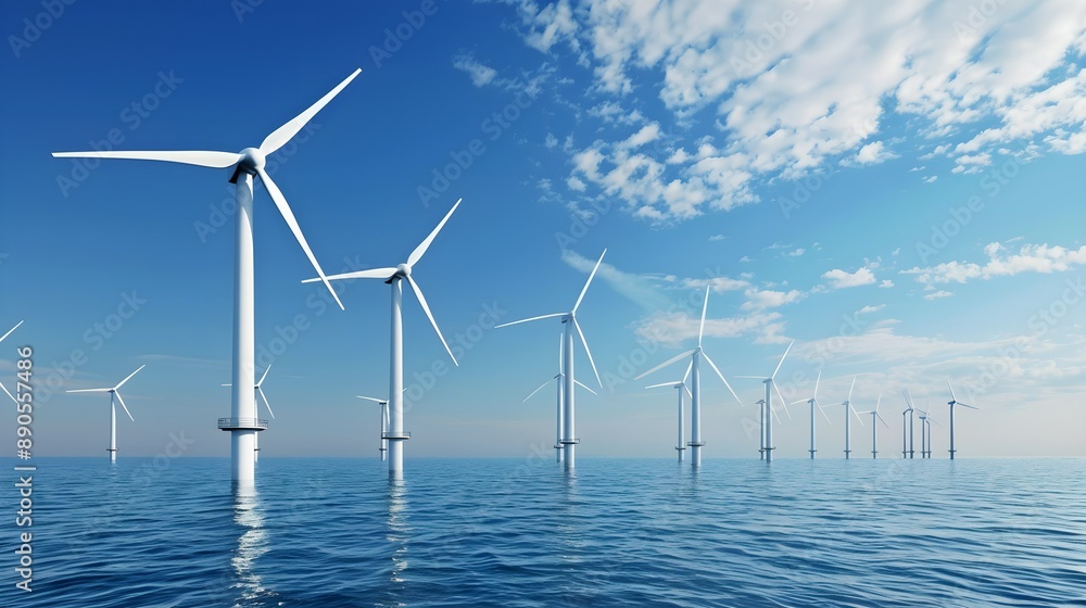 An offshore wind farm stands tall amidst blue waters and under expansive blue skies, with white wind turbines harnessing nature's power. An offshore wind farm stands tall amidst blue waters and under expansive blue skies, with white wind turbines harnessing nature's power.