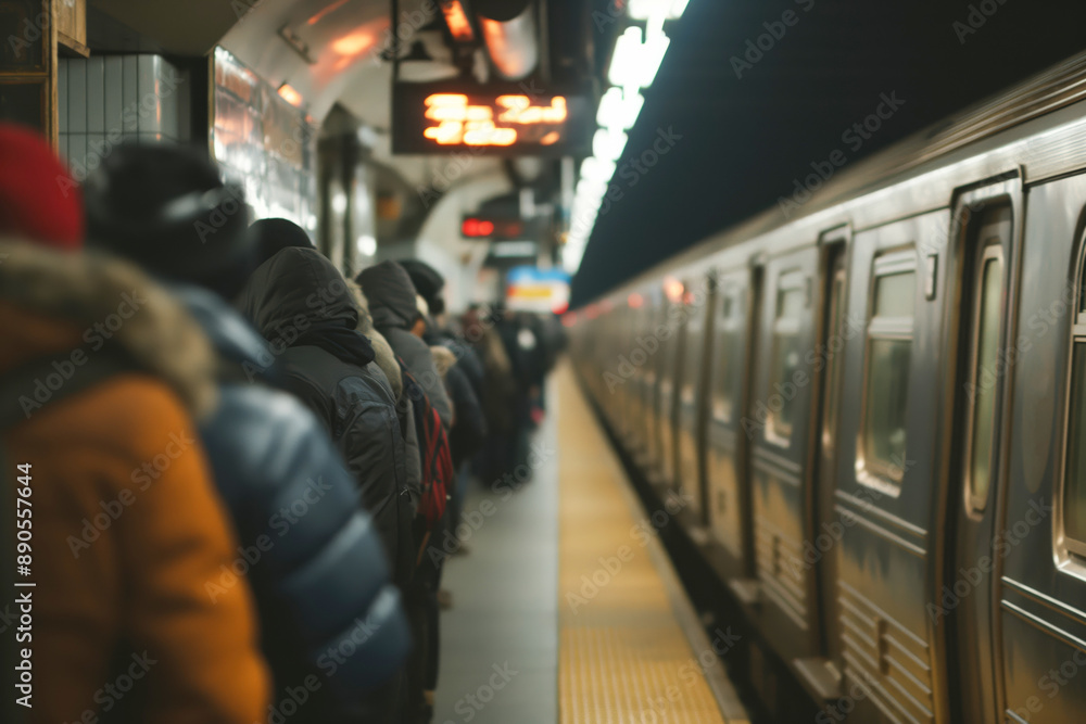 Urban Commuters Waiting for Subway Train on Platform in Busy City Urban Commuters Waiting for Subway Train on Platform in Busy City